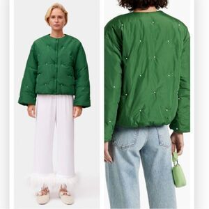 NWT SLEEPER Puffer Jacket in Green with Pearl Details Size L/XL NWT $450
